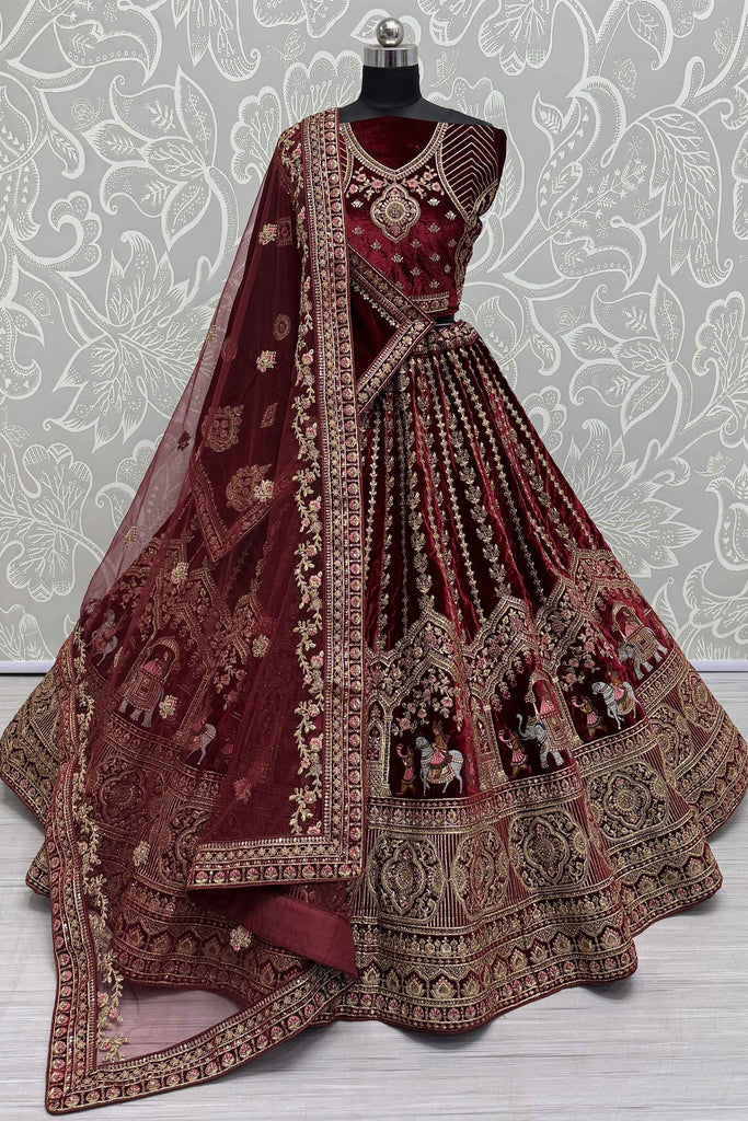 Fantastical Maroon Velvet Bridal Lehenga Choli With Double Dupatta