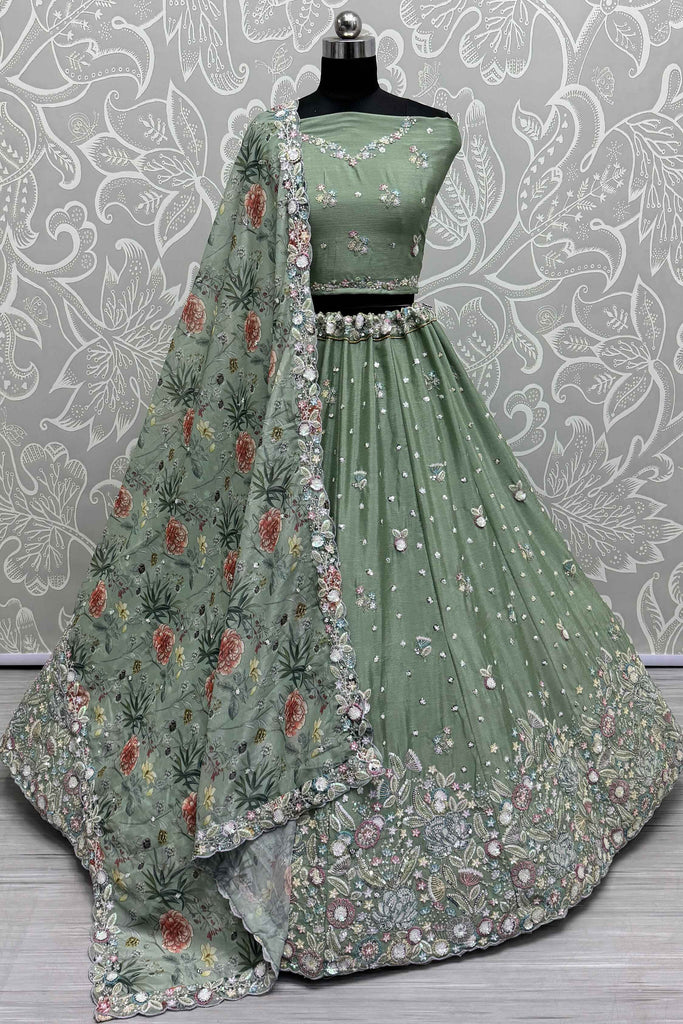 Surprising Pista Green Embroidered Chinon Mehendi Wear Lehenga Choli