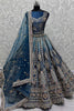 Superb Teal Blue Embroidered Velvet Bridal Lehenga Choli With Dupatta