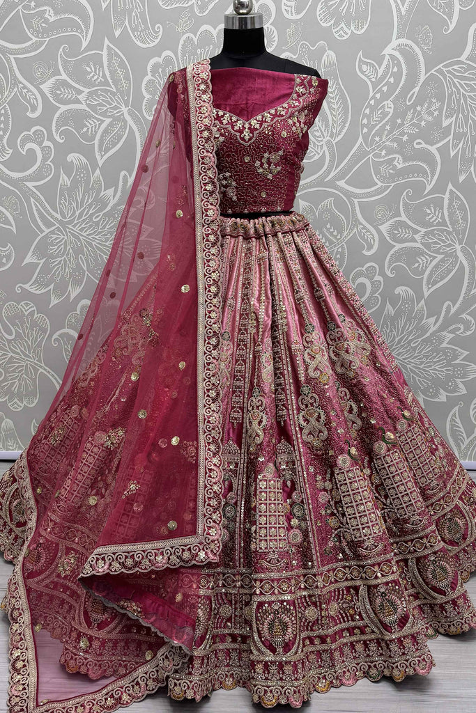 Spectacular Pink Embroidered Velvet Bridal Lehenga Choli With Dupatta