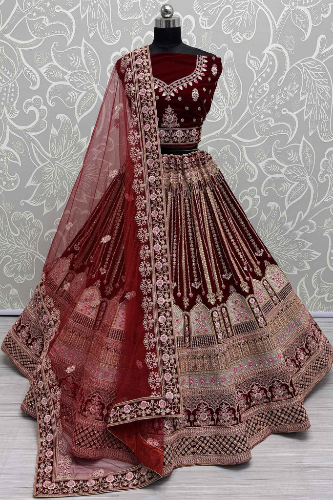 Amazing Maroon Velvet Bridal Lehenga Choli With Dupatta