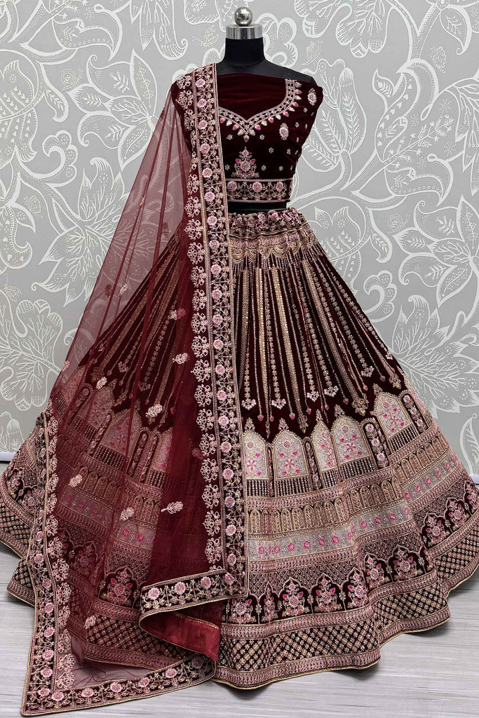 Impressive Dark Maroon Velvet Bridal Lehenga Choli With Dupatta