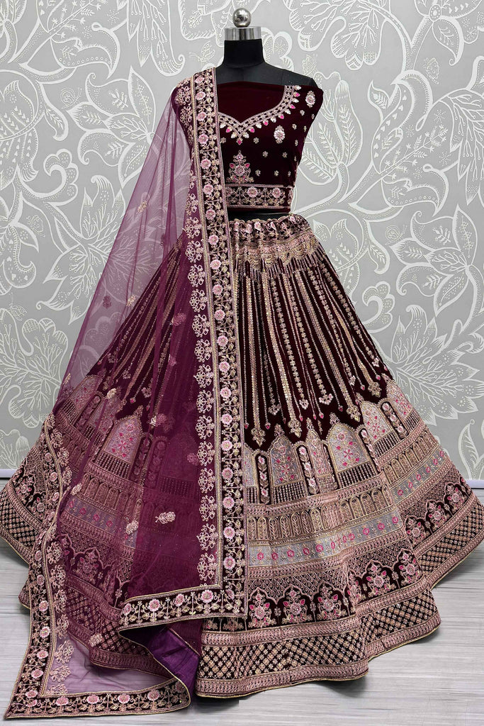 Amazing Rani Pink Velvet Bridal Lehenga Choli With Dupatta