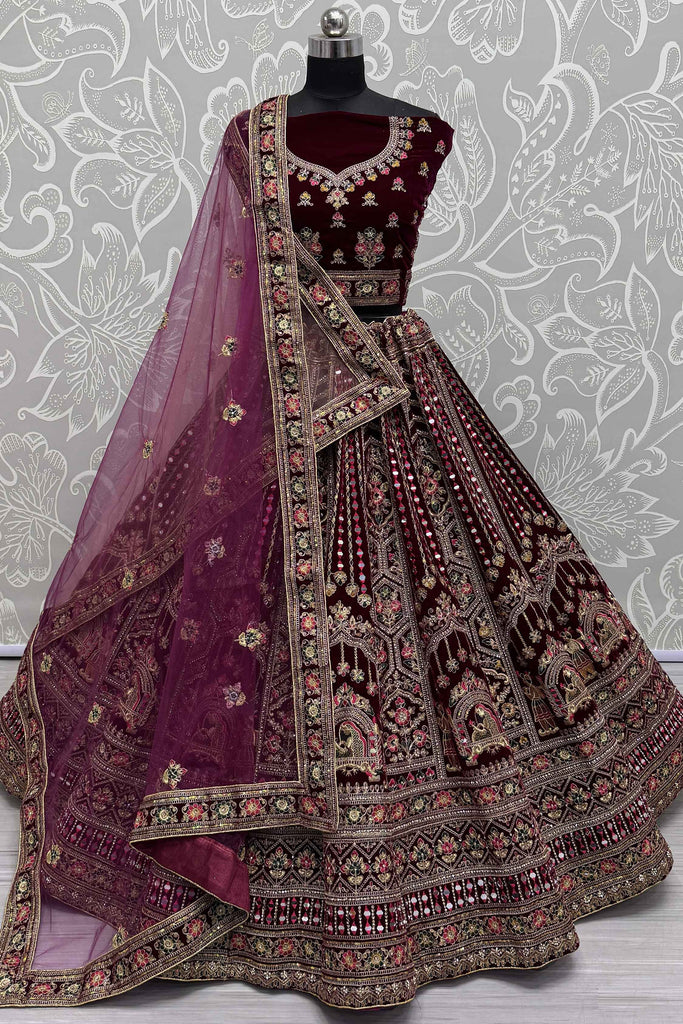 Wonderful Dark Maroon Velvet Bridal Lehenga Choli With Double Dupatta