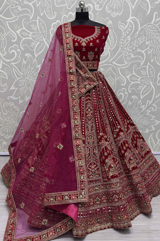 Surprising Red Velvet Bridal Lehenga Choli With Double Dupatta