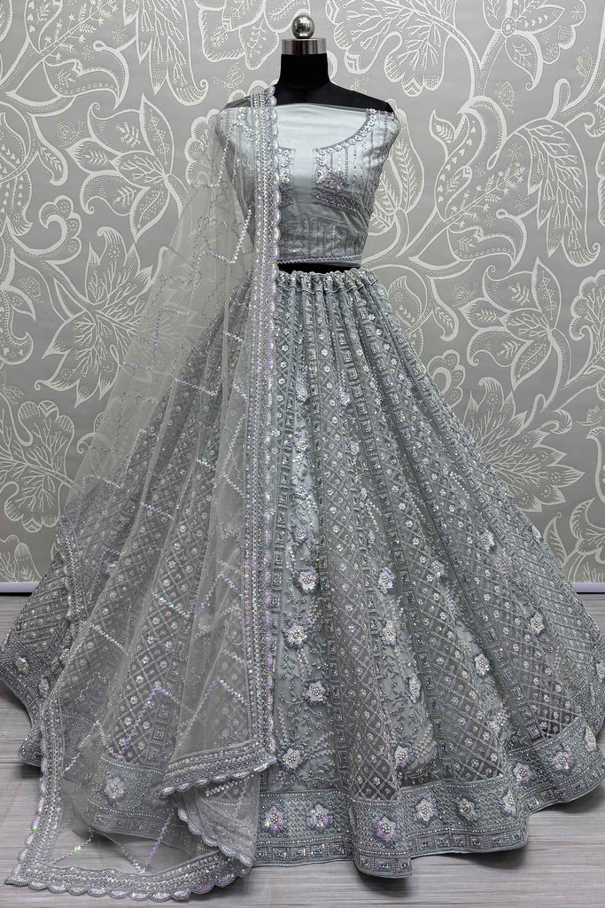 Beautiful Grey Sequins Net Designer Lehenga Choli With Dupatta