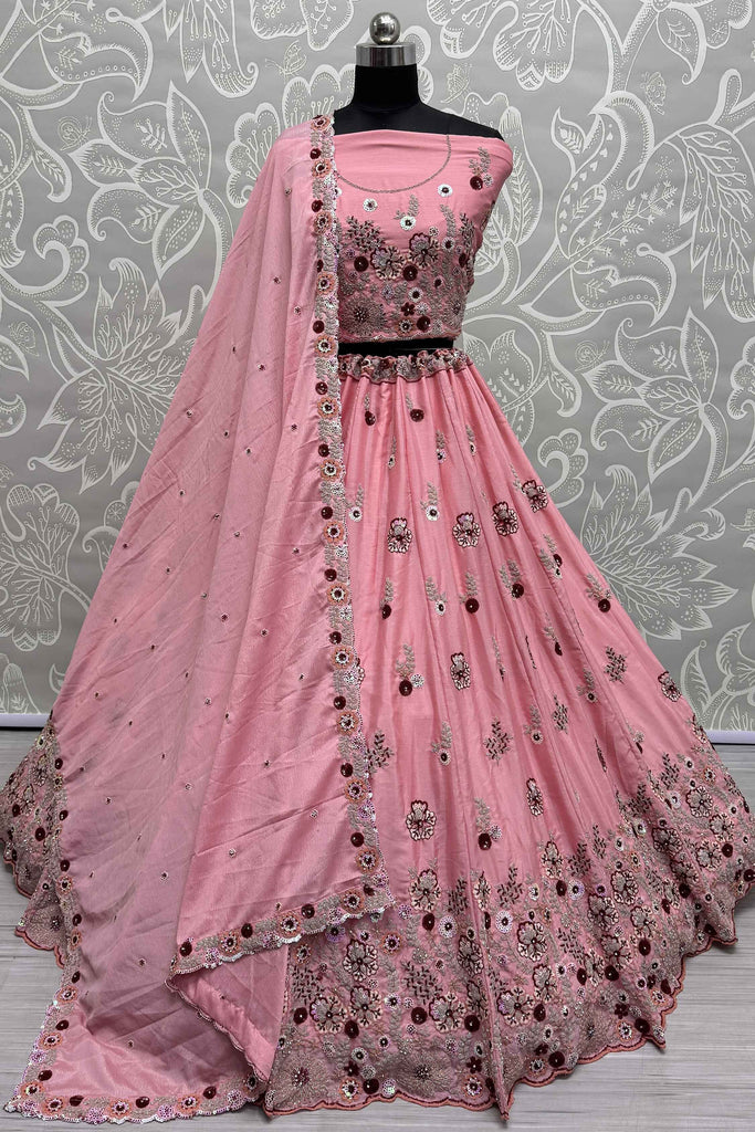 Adorable Peach Embroidered Chinon Reception Wear Lehenga Choli