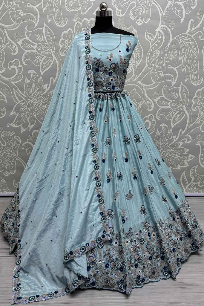 Precious Sky-Blue Embroidered Chinon Engagement Wear Lehenga Choli