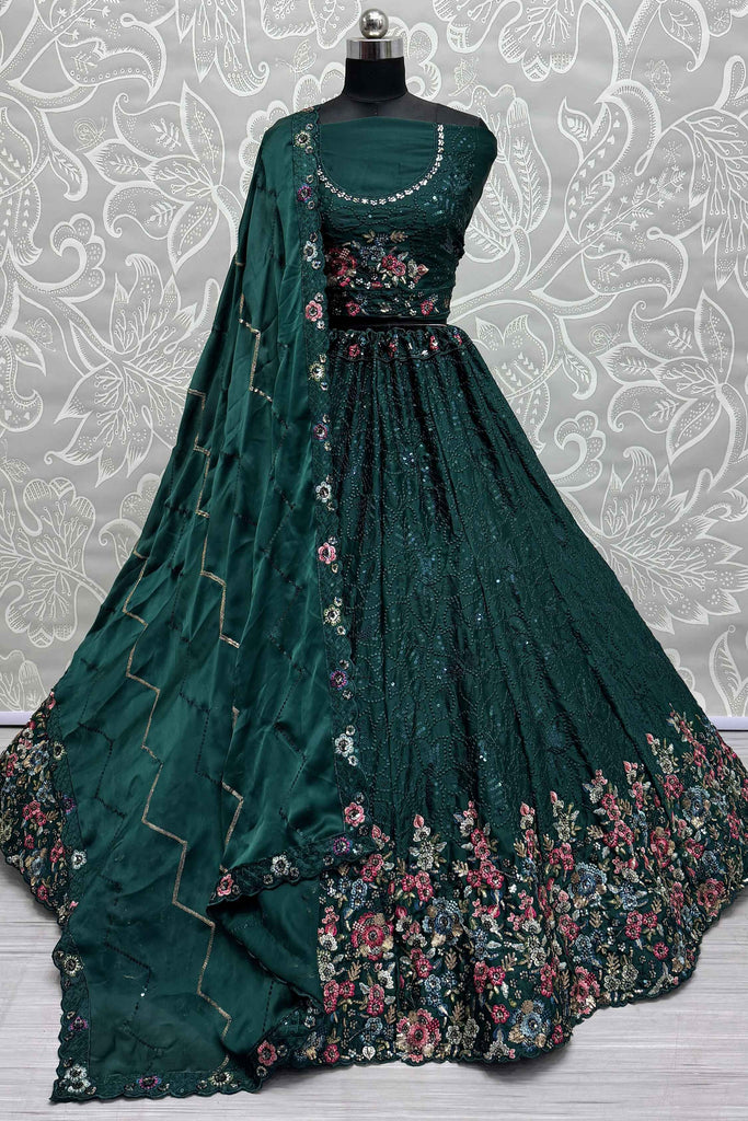 Beautiful Green Embroidered Chinon Designer Lehenga Choli With Dupatta