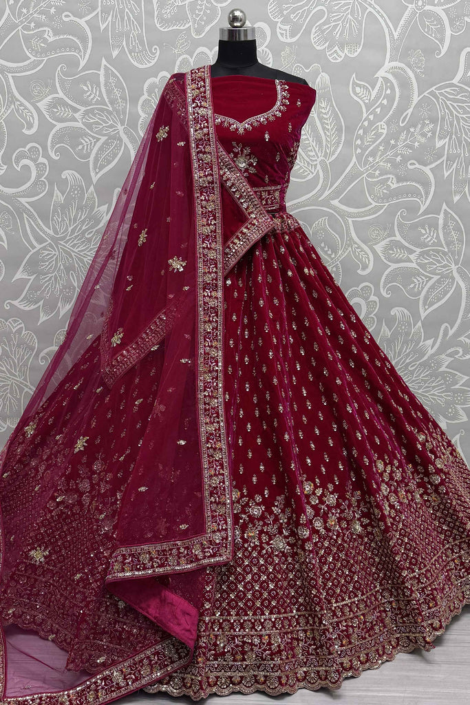 Glamorous Red Velvet Bridal Lehenga Choli With Double Dupatta