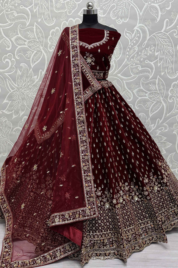 Alluring Maroon Velvet Bridal Lehenga Choli With Double Dupatta