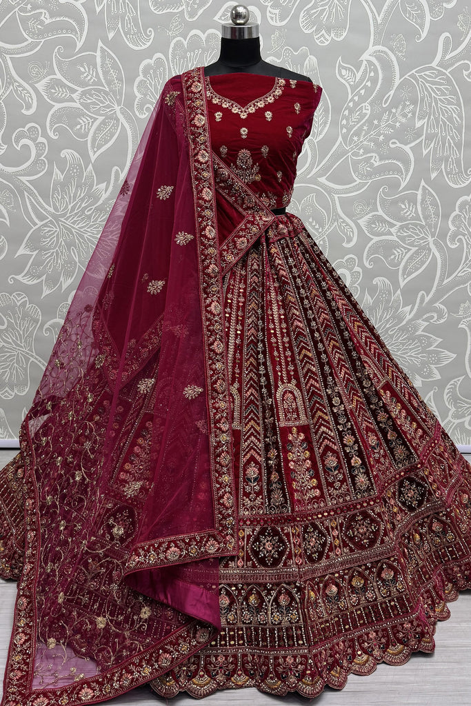 Lovely Red Jarkan Work Velvet Bridal Lehenga Choli With Double Dupatta