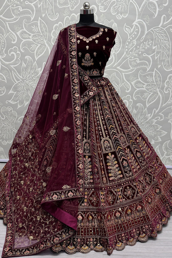 Delightful Maroon Velvet Bridal Lehenga Choli With Double Dupatta