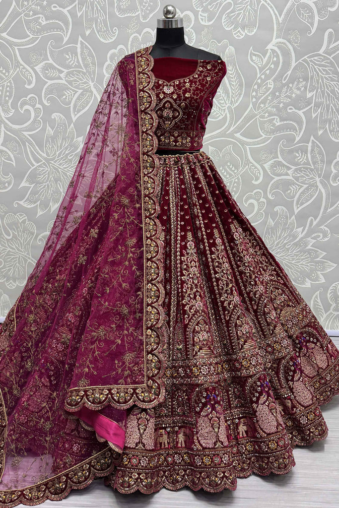 Surprising Pink Velvet Bridal Lehenga Choli With Dupatta