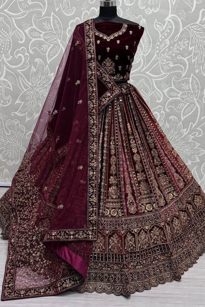 Adorable Maroon Velvet Bridal Lehenga Choli With Double Dupatta