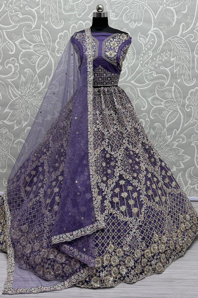 Attractive Purple Thread Embroidered Net Wedding Lehenga Choli