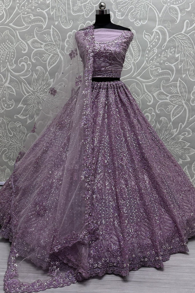 Precious Purple Zircon Work Net Bridesmaid Lehenga Choli With Dupatta