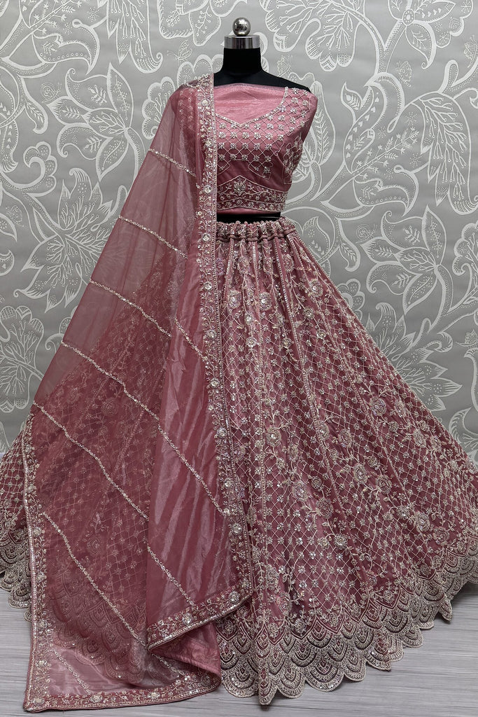 Incredible Pink Thread Work Net Wedding Wear Lehenga Choli