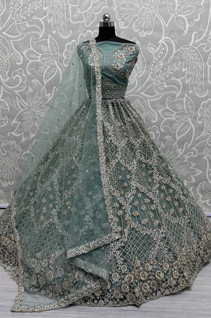 Awesome Blue Embroidered Net Designer Lehenga Choli With Dupatta