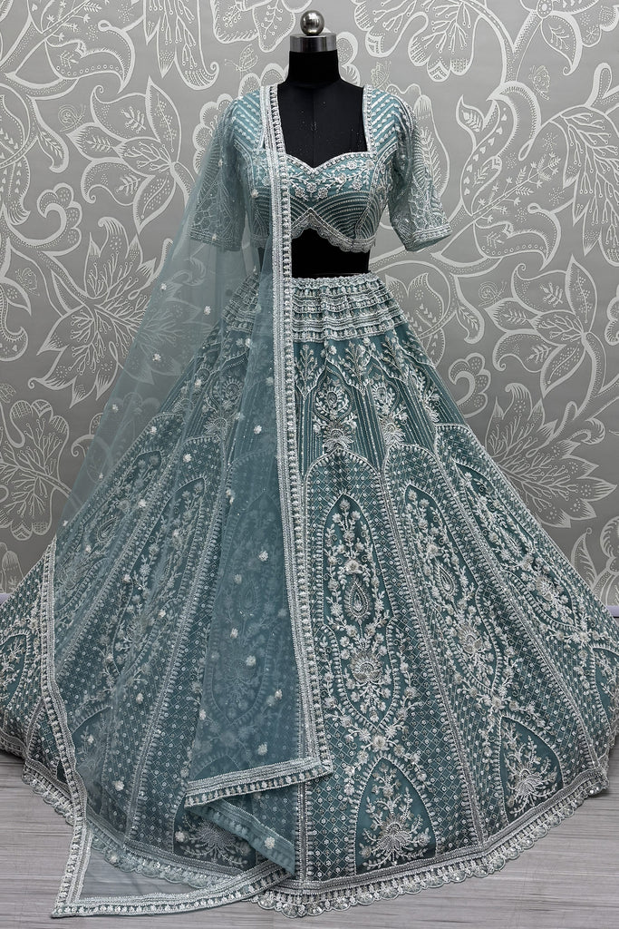 Shocking Sky-Blue Sequins Net Engagement Wear Lehenga Choli
