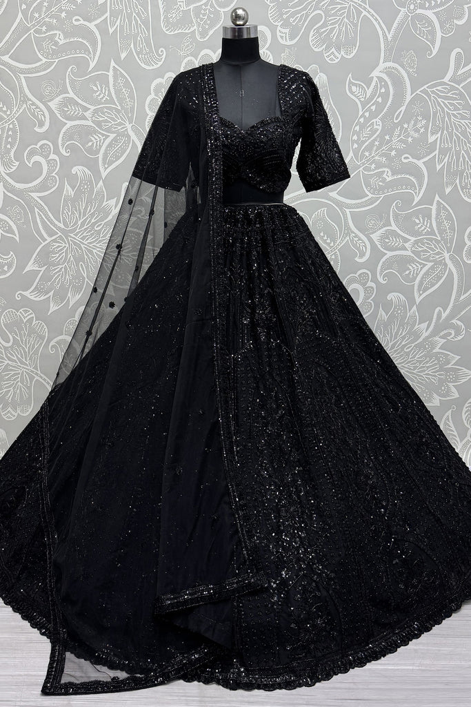 Pretty Black Pearl Work Net Reception Wear Lehenga Choli With Dupatta