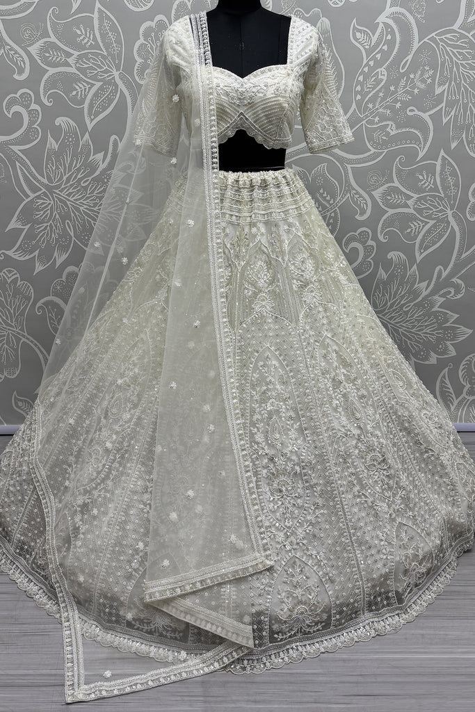 Beautiful White Thread Work Net Bridesmaid Lehenga Choli With Dupatta