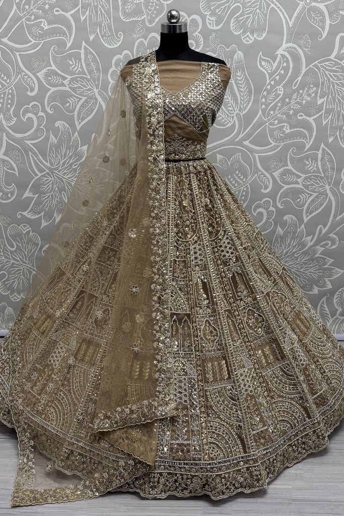 Stunning Golden Embroidered Net Wedding Wear Lehenga Choli