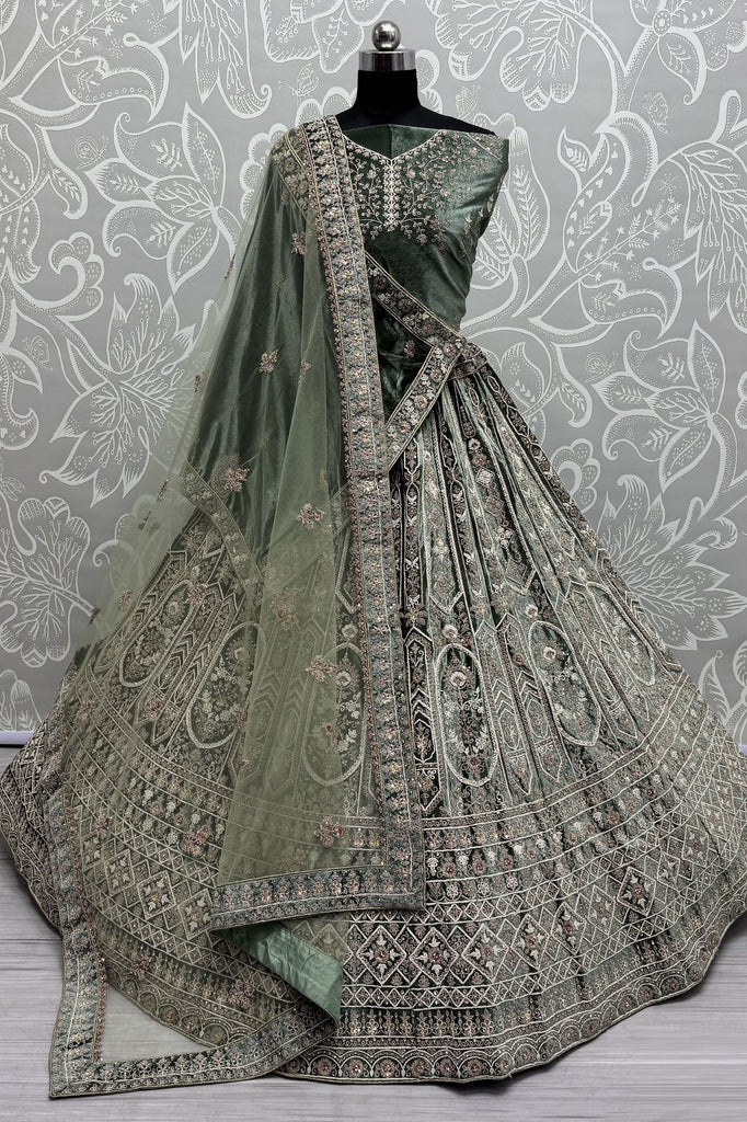 Lovely Green Sequins Velvet Bridal Lehenga Choli With Double Dupatta