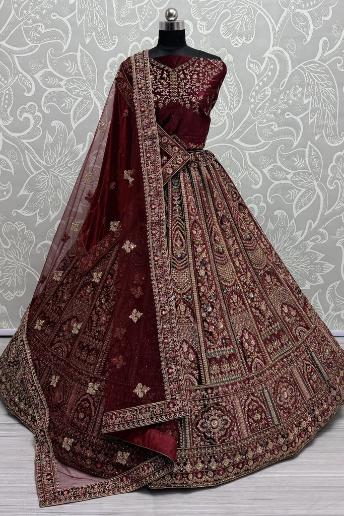 Beautiful Maroon Thread Work Velvet Lehenga Choli With Double Dupatta