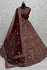 Beautiful Maroon Thread Work Velvet Lehenga Choli With Double Dupatta
