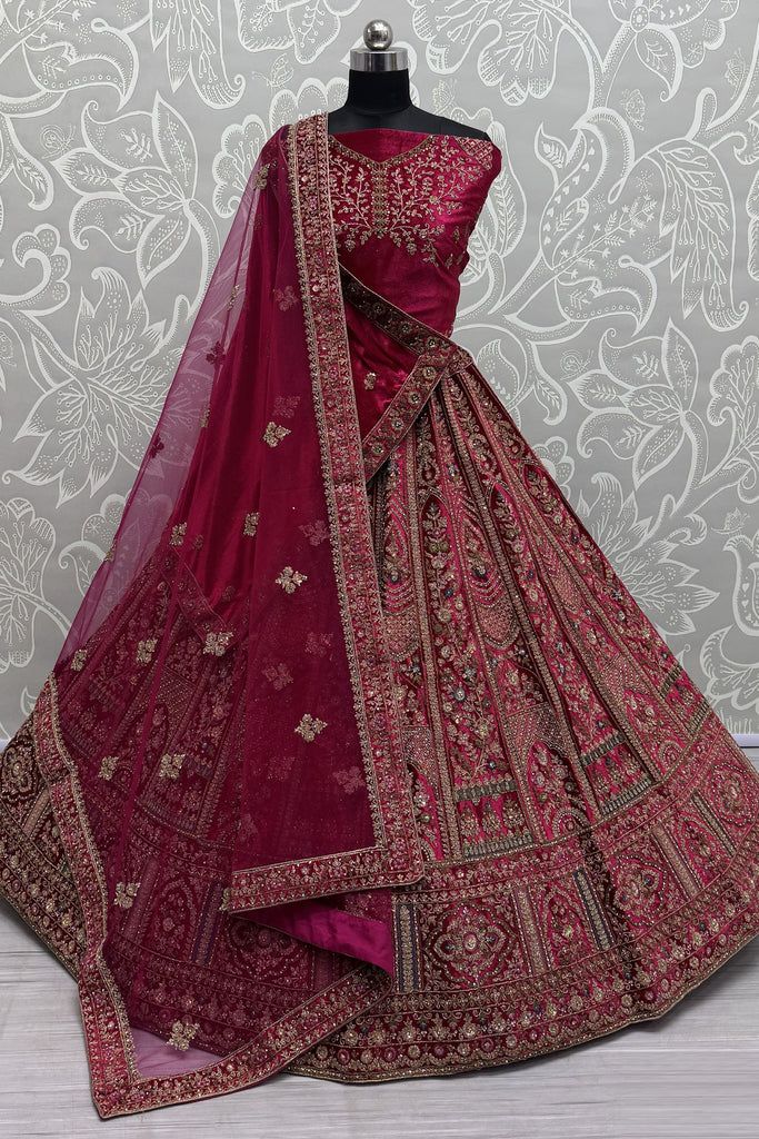 Majestic Hot Pink Sequins Velvet Bridal Lehenga Choli With Double Dupatta