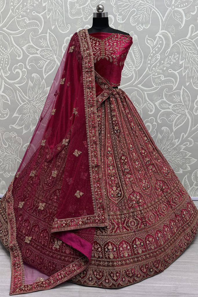Tantalizing Pink Dori Work Velvet Bridal Lehenga Choli With Double Dupatta