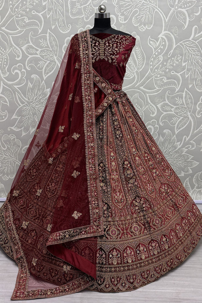 Beautiful Red Embroidered Velvet Bridal Lehenga Choli With Double Dupatta
