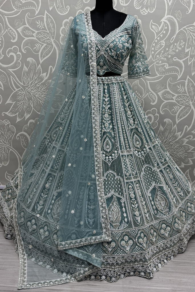 Stunning Sky-Blue Pearl Work Net Bridesmaid Lehenga Choli With Dupatta