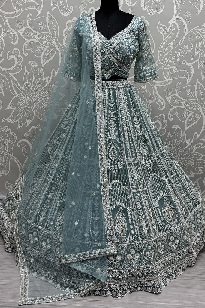 Stunning Sky-Blue Pearl Work Net Bridesmaid Lehenga Choli With Dupatta