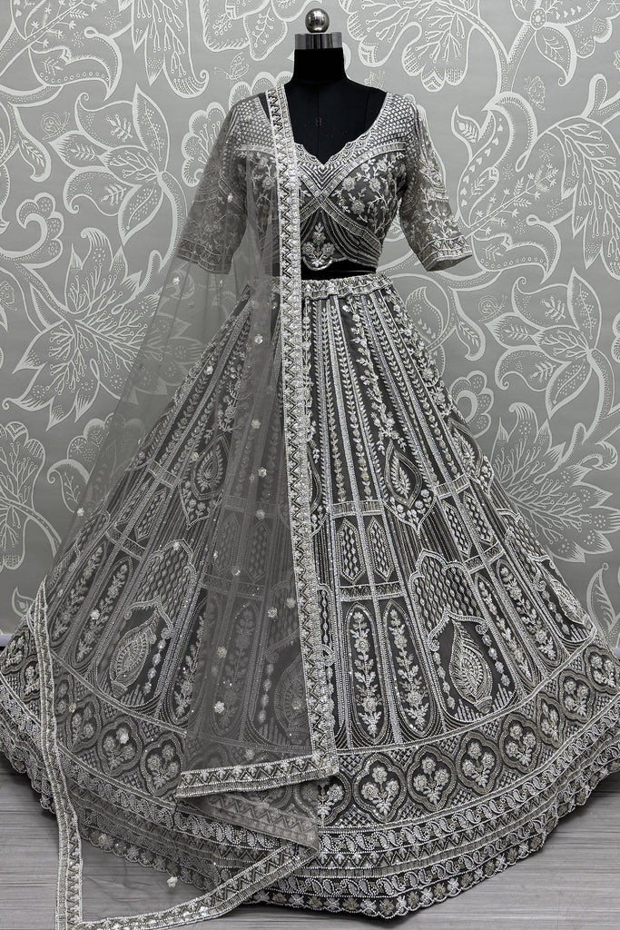 Fantastic Grey Sequins Net Party Wear Lehenga Choli With Dupatta