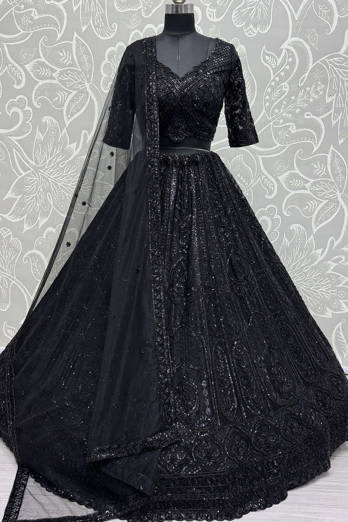 Lavish Black Hand Embroidery Net Reception Wear Lehenga With Blouse