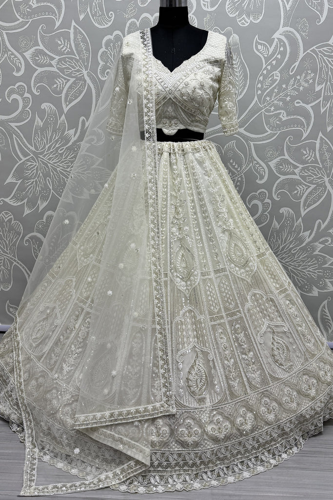 Winsome White Pearl Work Net Sangeet Wear Lehenga Choli With Dupatta