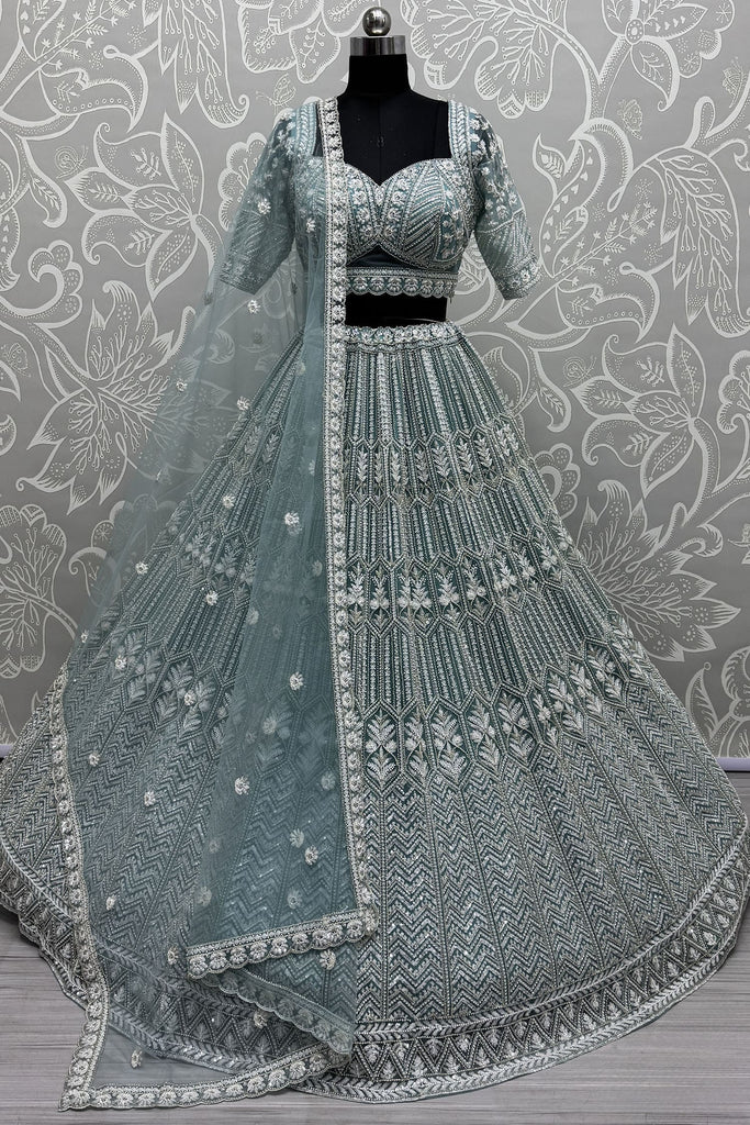 Dazzling Sky Blue Sequins Net Bridesmaid Lehenga Choli With Dupatta