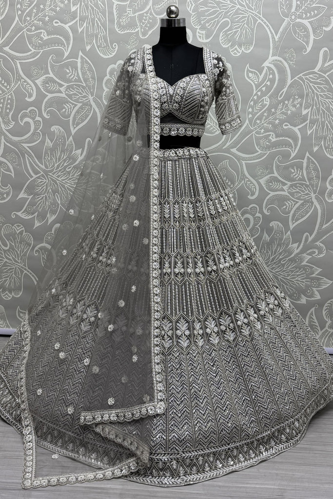 Stunning Grey Pearl Work Net Reception Wear Lehenga Choli With Dupatta