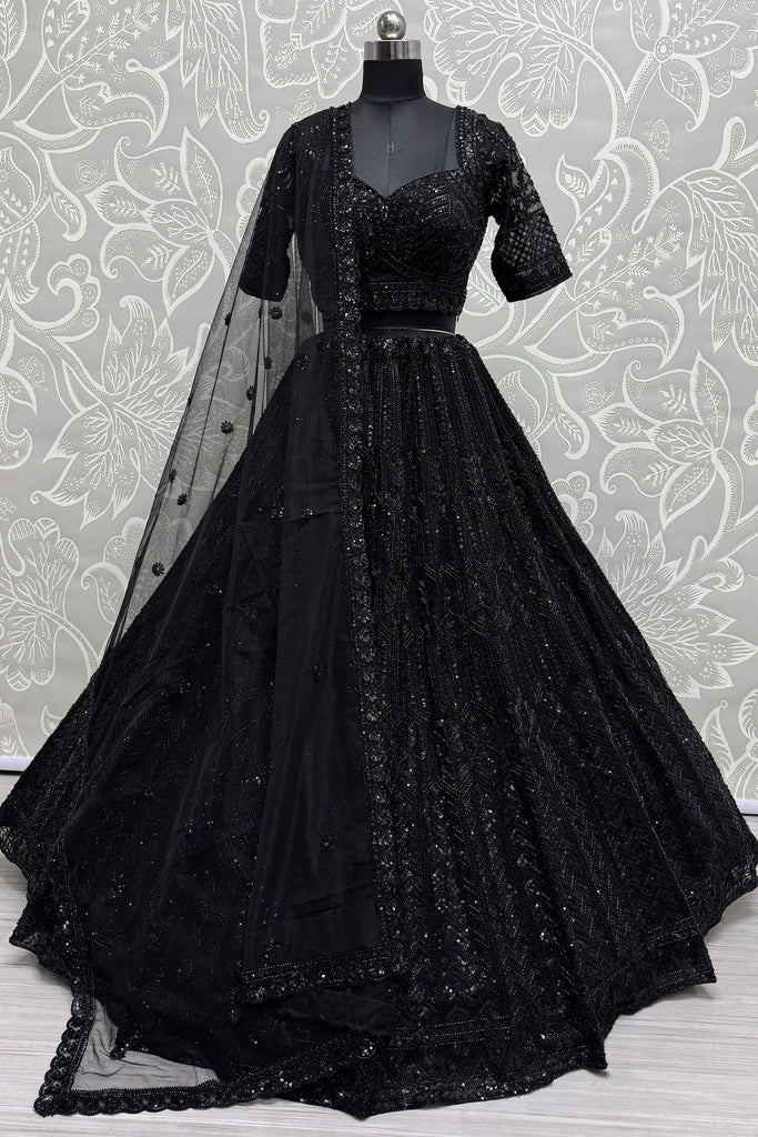 Beautiful Black Pearl Work Net Bridesmaid Lehenga Choli With Dupatta