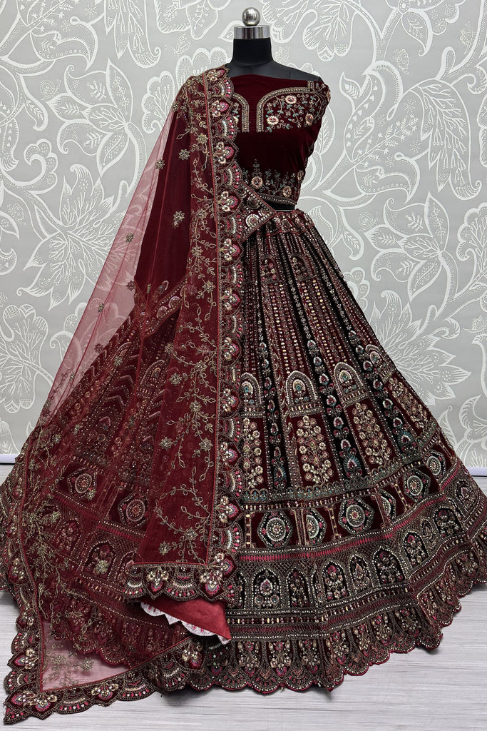Amazing Maroon Dori Work Velvet Bridal Lehenga Choli With Double Dupatta