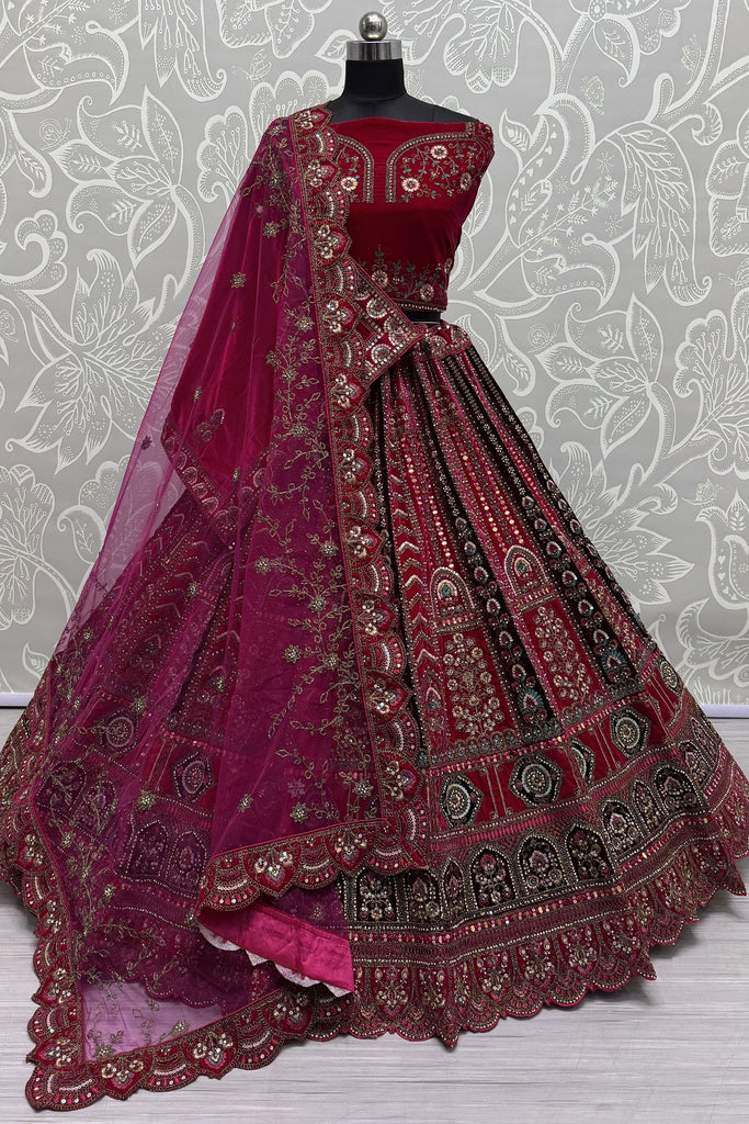 Fabulous Pink Dori Work Velvet Bridal Lehenga Choli With Double Dupatta