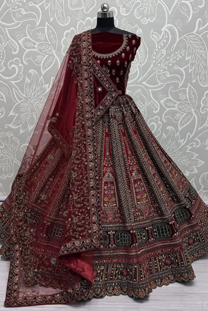 Lavish Red Thread Work Velvet Bridal Lehenga Choli With Double Dupatta