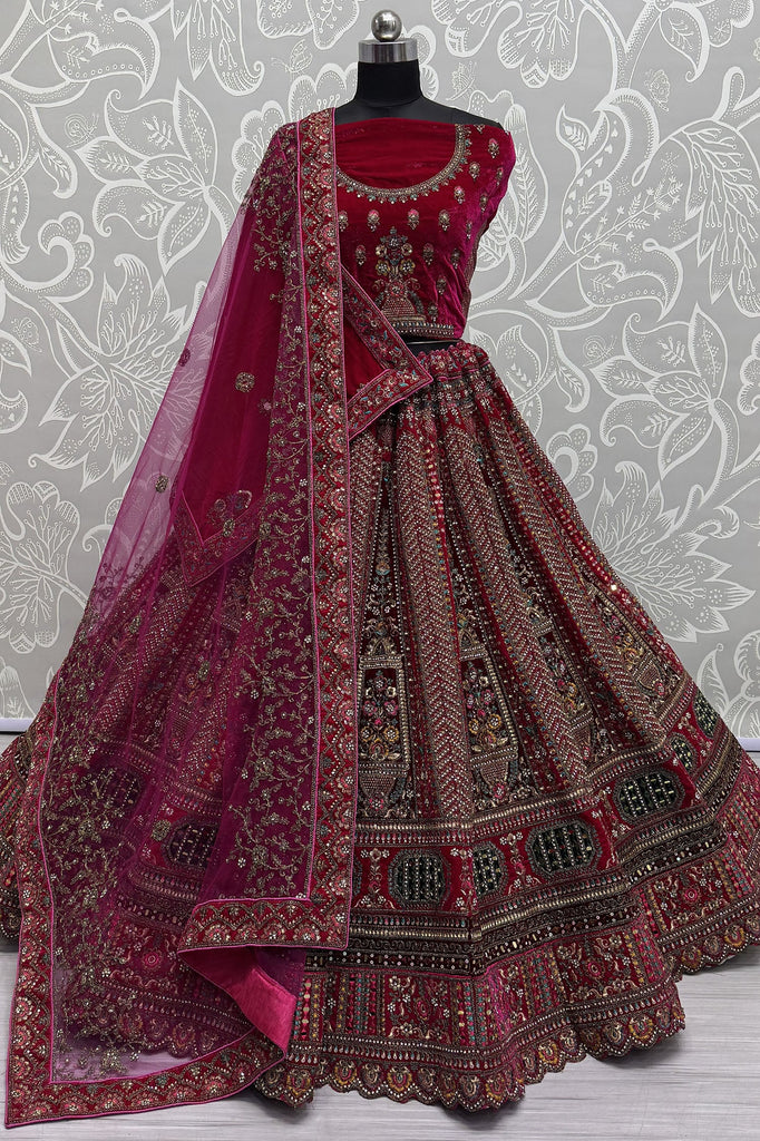 Wonderful Pink Velvet Bridal Lehenga Choli With Double Dupatta