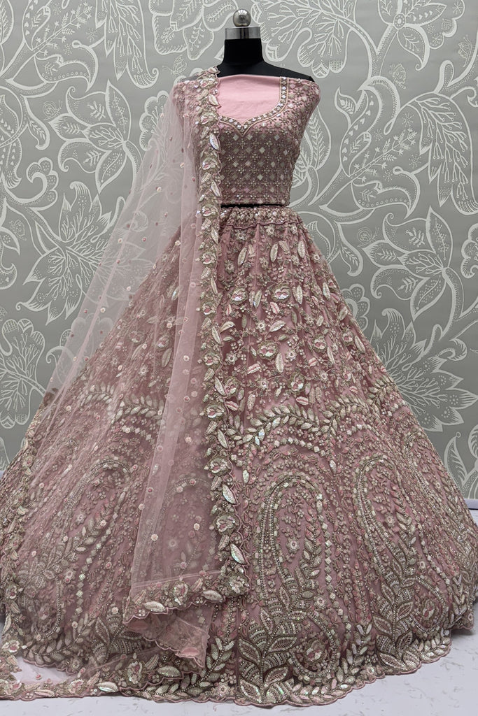 Cute Pink Thread Work Net Bridesmaid Lehenga Choli With Dupatta