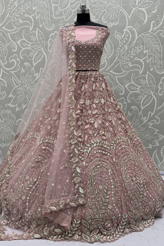Cute Pink Thread Work Net Bridesmaid Lehenga Choli With Dupatta