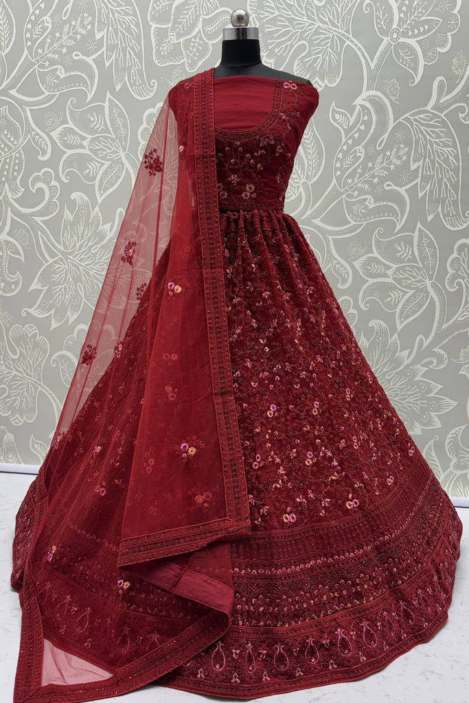 Stunning Red Thread Work Net Bridal Lehenga Choli With Dupatta