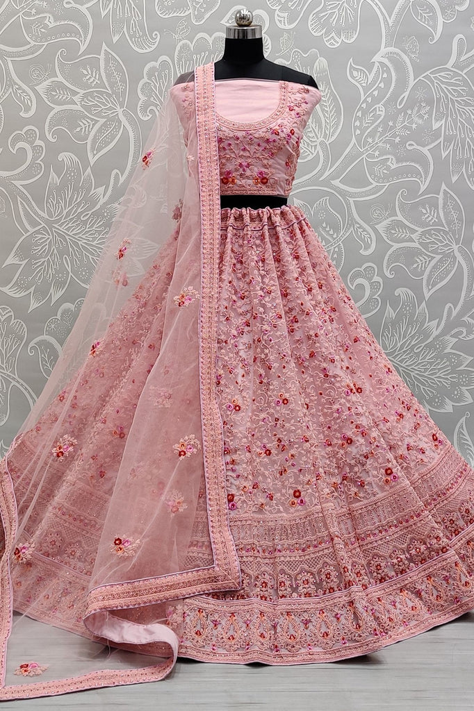 Lovely Pink Multi-Thread Work Net Engagement Wear Lehenga Choli