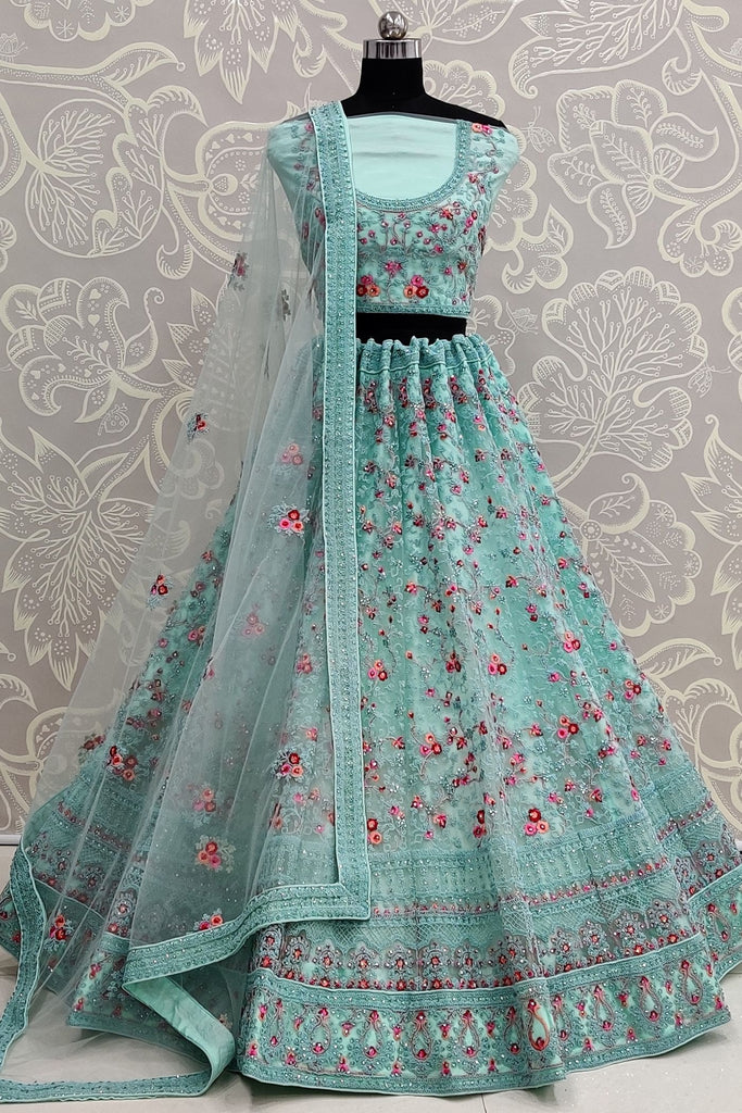Attractive Sky-Blue Zircon Work Net Bridesmaid Lehenga Choli